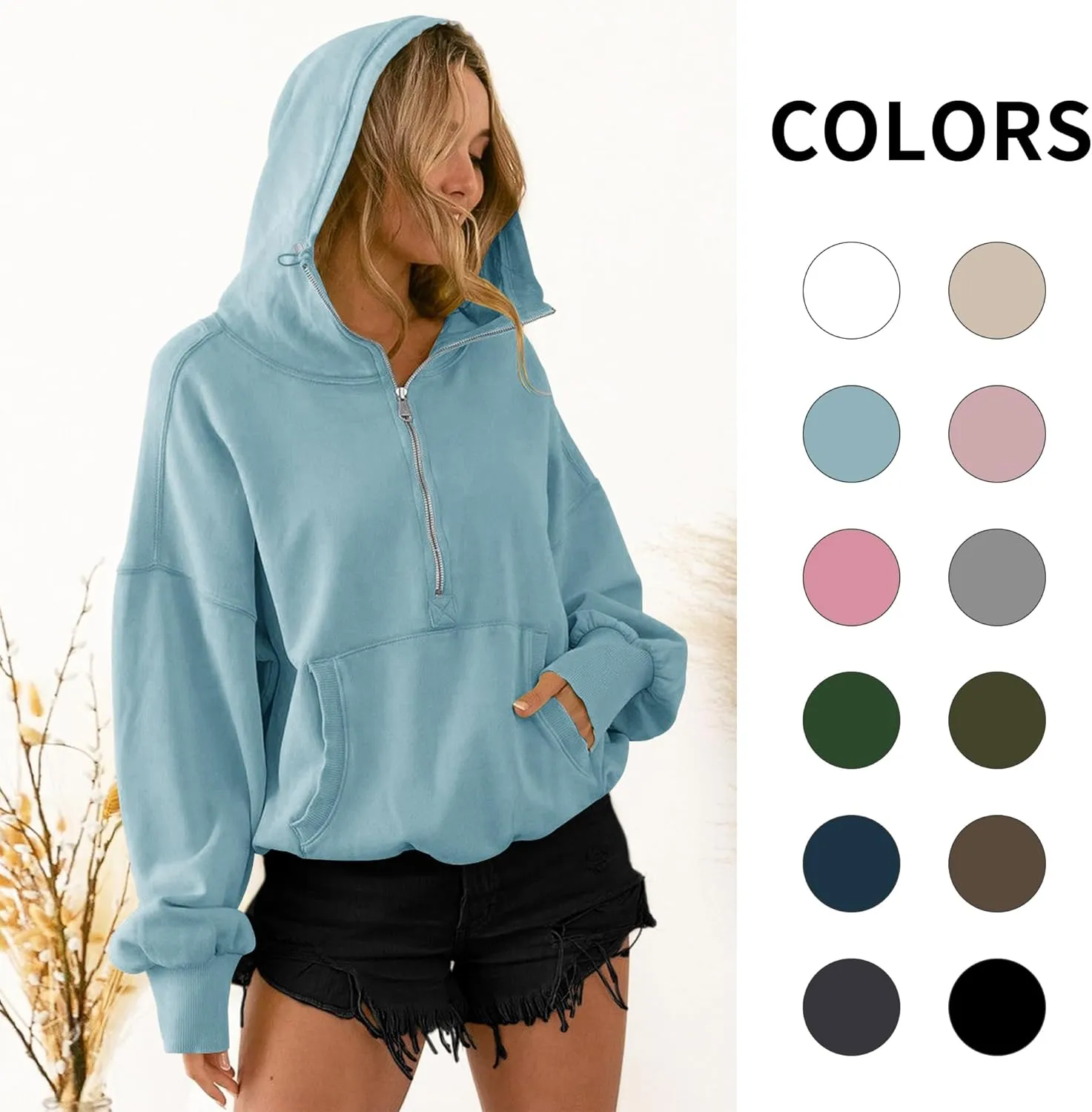 TBA High Neck Hoodies for Women Oversized Half Zip Drawstring Y2K Pullover Sweater Casual Long Sleeve Sweatshirt with Pockets