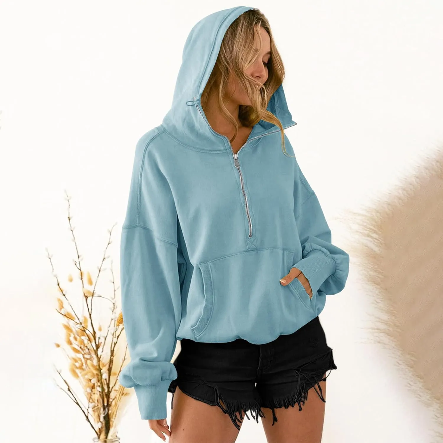 TBA High Neck Hoodies for Women Oversized Half Zip Drawstring Y2K Pullover Sweater Casual Long Sleeve Sweatshirt with Pockets
