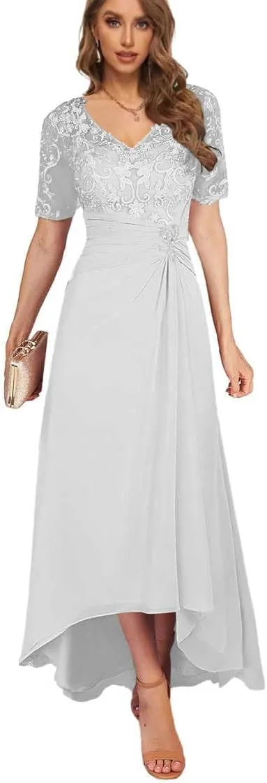 Tea Length Mother of The Bride Dresses for Women High Low Lace Formal Wedding Party Dress with Sleeves