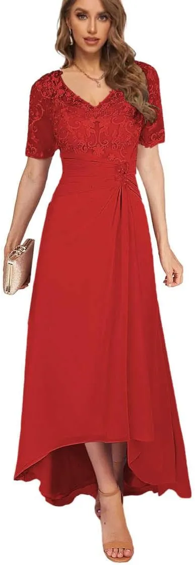 Tea Length Mother of The Bride Dresses for Women High Low Lace Formal Wedding Party Dress with Sleeves