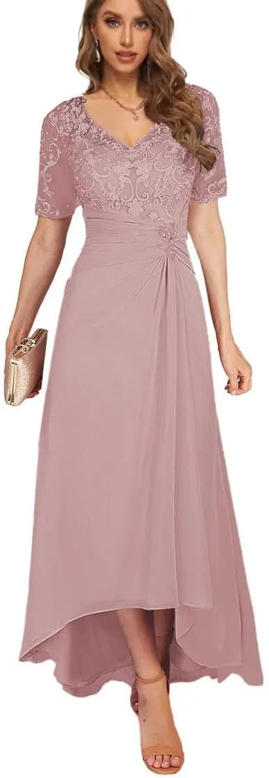 Tea Length Mother of The Bride Dresses for Women High Low Lace Formal Wedding Party Dress with Sleeves
