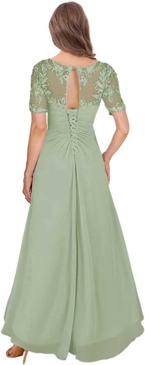 Tea Length Mother of The Bride Dresses for Women High Low Lace Formal Wedding Party Dress with Sleeves