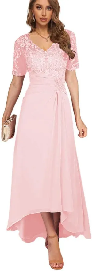 Tea Length Mother of The Bride Dresses for Women High Low Lace Formal Wedding Party Dress with Sleeves