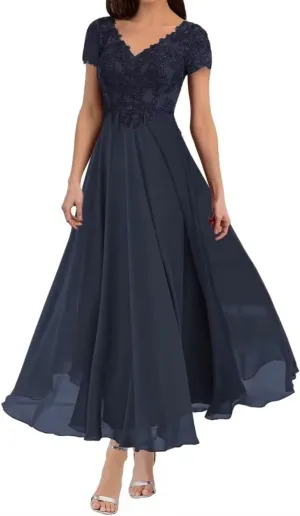 Tea Length Mother of The Bride Dresses Navy Blue Formal Dresses with Sleeves Lace Appliques V Neck Chiffon Evening Dress for Wedding Size 16