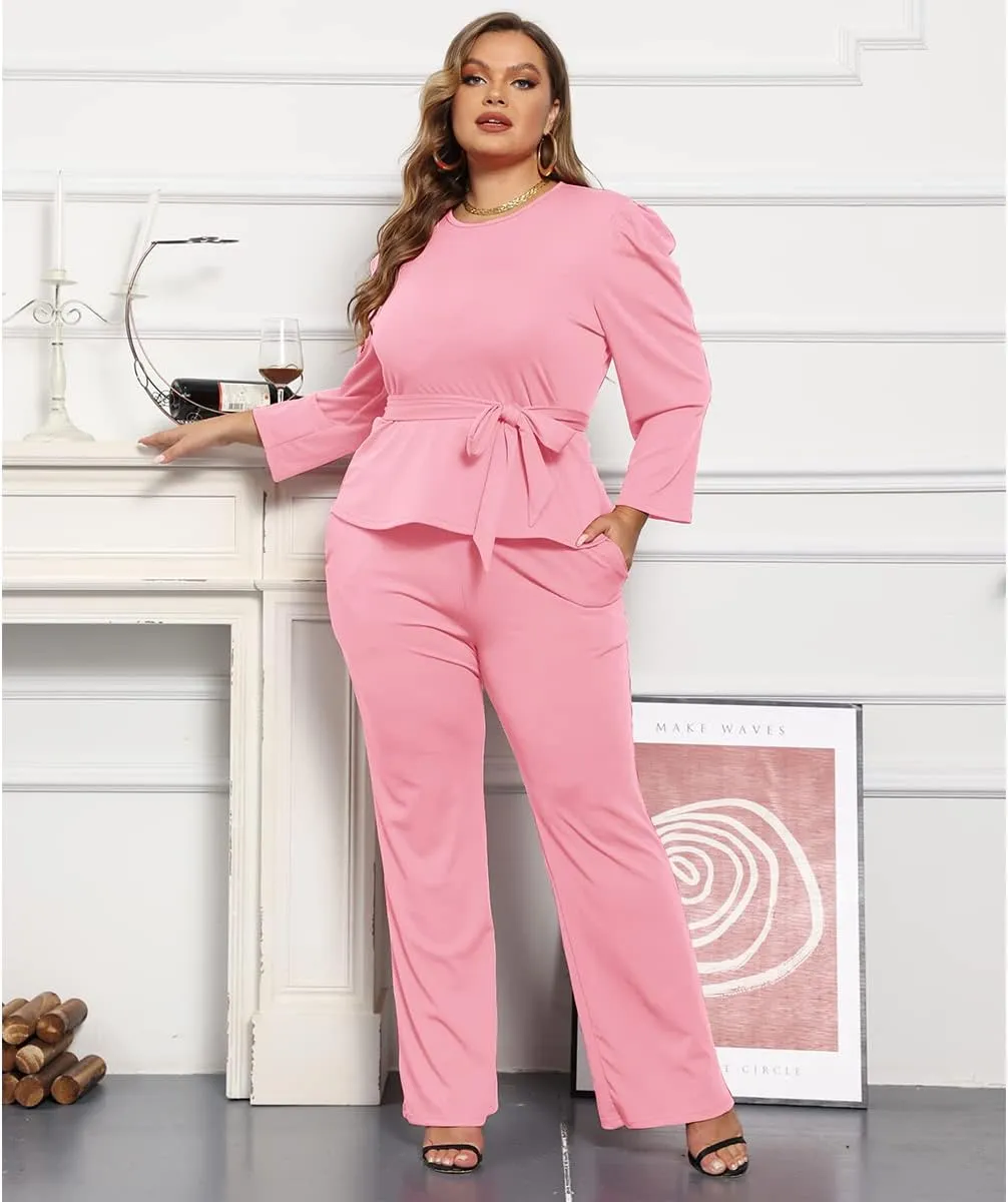ThusFar Plus Size 2 Piece Outfits for Women Blazer Top Long Sleeve Long Pants Sets Casual Elegant Business Suit with Belt