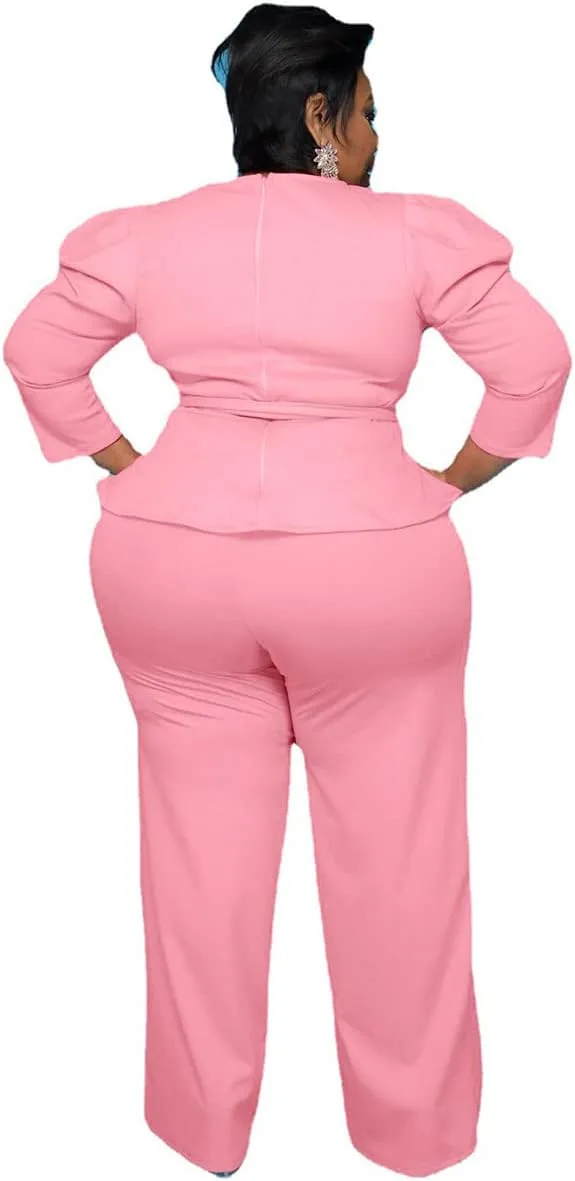 ThusFar Plus Size 2 Piece Outfits for Women Blazer Top Long Sleeve Long Pants Sets Casual Elegant Business Suit with Belt