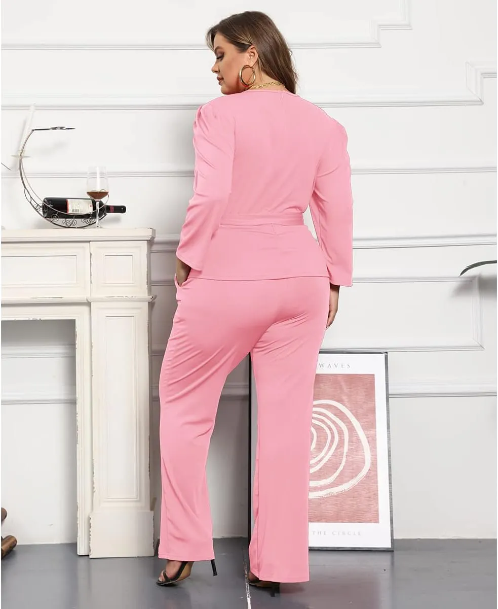 ThusFar Plus Size 2 Piece Outfits for Women Blazer Top Long Sleeve Long Pants Sets Casual Elegant Business Suit with Belt