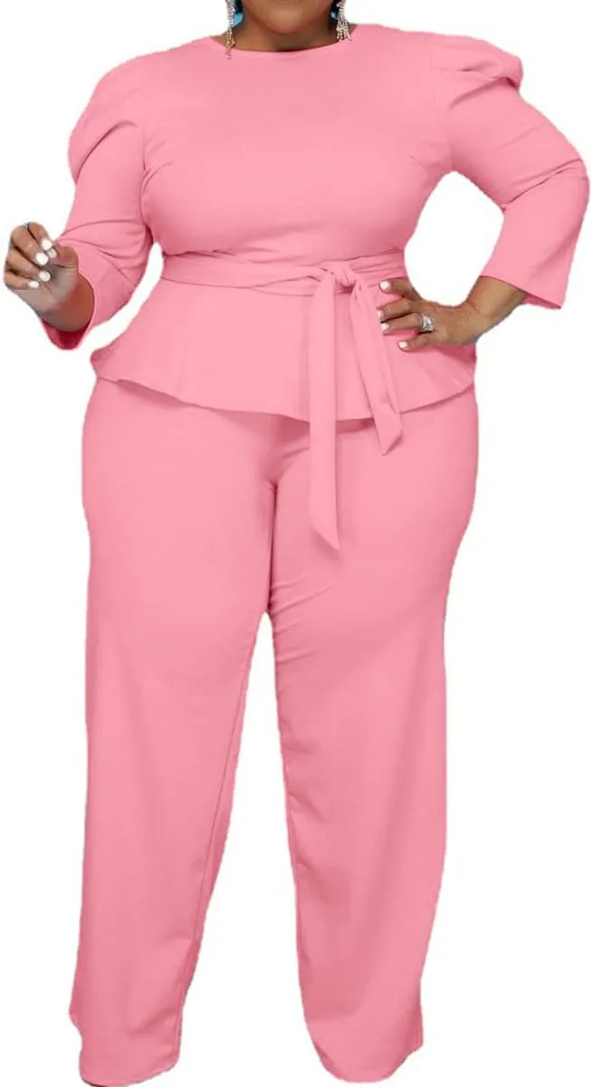 ThusFar Plus Size 2 Piece Outfits for Women Blazer Top Long Sleeve Long Pants Sets Casual Elegant Business Suit with Belt