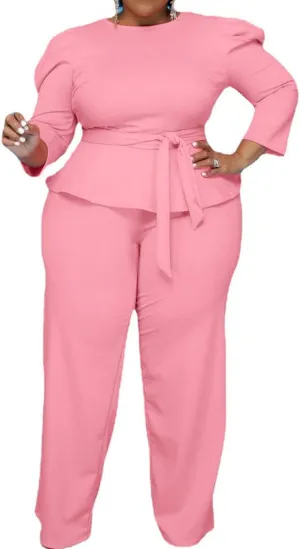 ThusFar Plus Size 2 Piece Outfits for Women Blazer Top Long Sleeve Long Pants Sets Casual Elegant Business Suit with Belt
