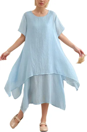 TIAFORD Women Loose Cotton Linen Casual Short Sleeve Dress Crew Neck Double Layered Irregular Hem Summer Linen Midi Dresses