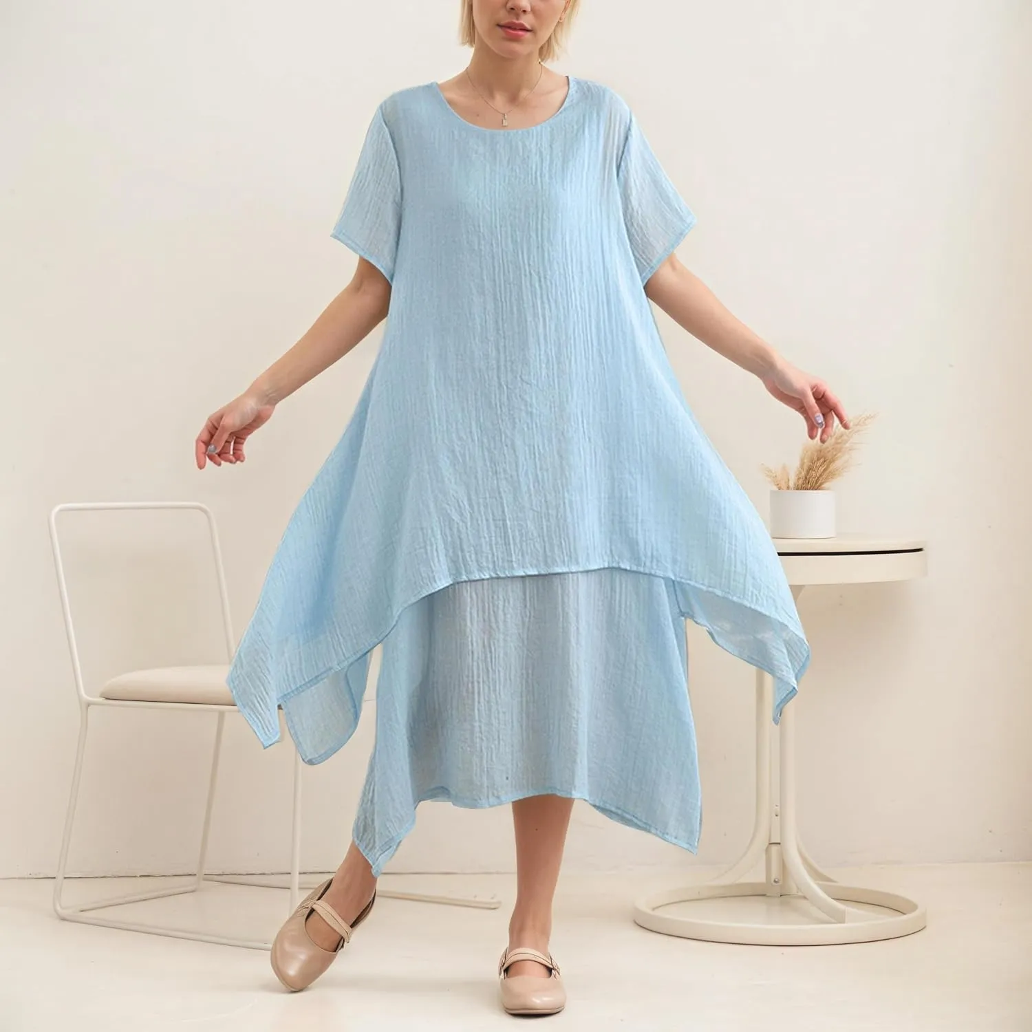 TIAFORD Women Loose Cotton Linen Casual Short Sleeve Dress Crew Neck Double Layered Irregular Hem Summer Linen Midi Dresses