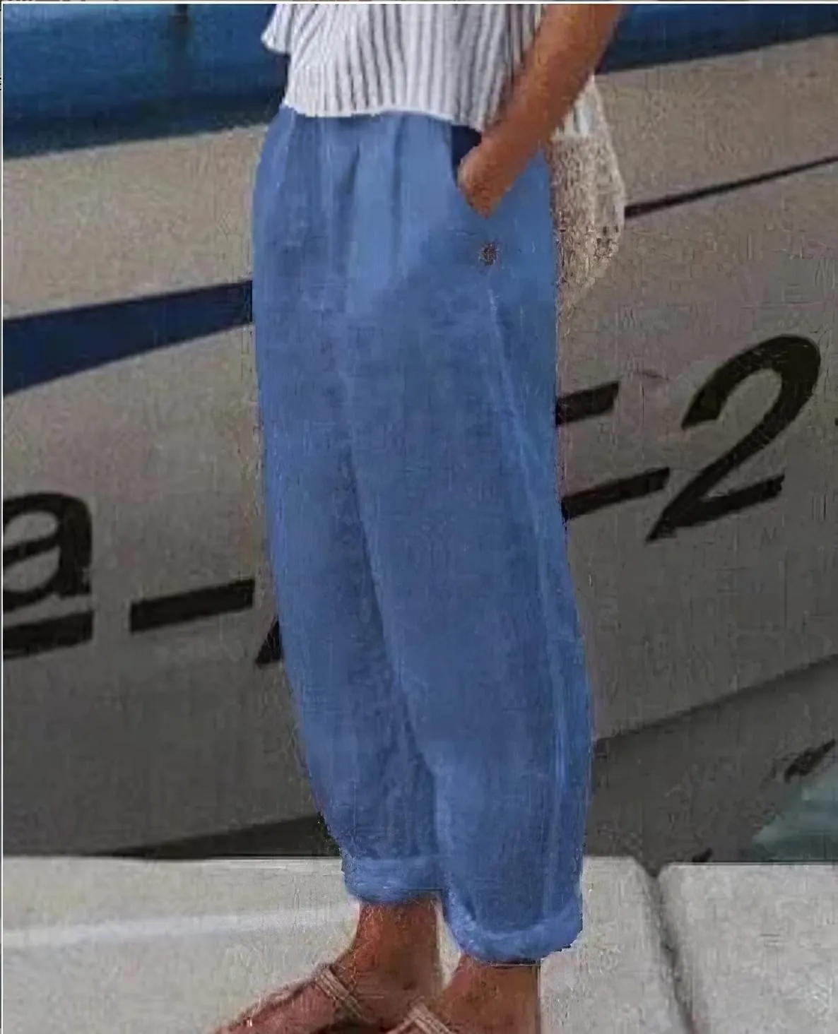 TIAFORD Women's Summer Casual Loose Cotton Linen Pants Elastic High Waist Wide Leg Beach Trousers with Pockets Plus Size