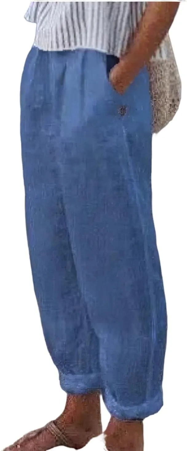 TIAFORD Women's Summer Casual Loose Cotton Linen Pants Elastic High Waist Wide Leg Beach Trousers with Pockets Plus Size