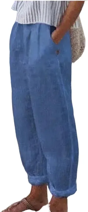 TIAFORD Women's Summer Casual Loose Cotton Linen Pants Elastic High Waist Wide Leg Beach Trousers with Pockets Plus Size