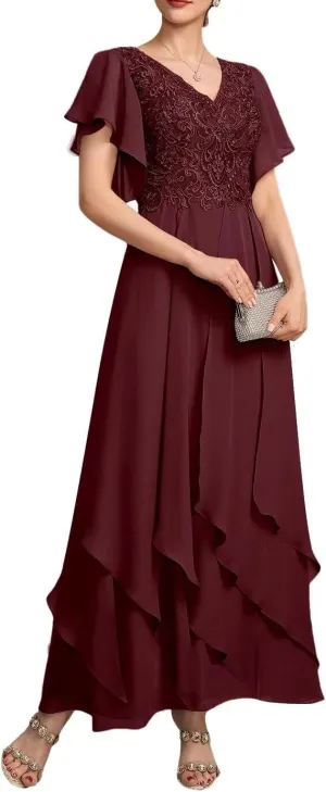 Tiered Chiffon Mother of The Bride Dresses for Wedding Ruffle Sleeves Lace Applique Evening Party Gown