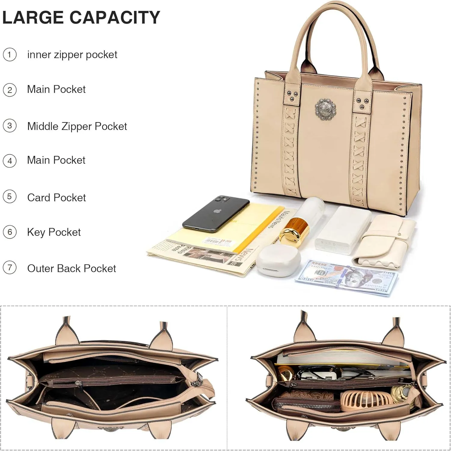 Tote Bag for Women Large Western Purse Ladies Top Handle Shoulder Handbags Vintage Embossed Concho Studs