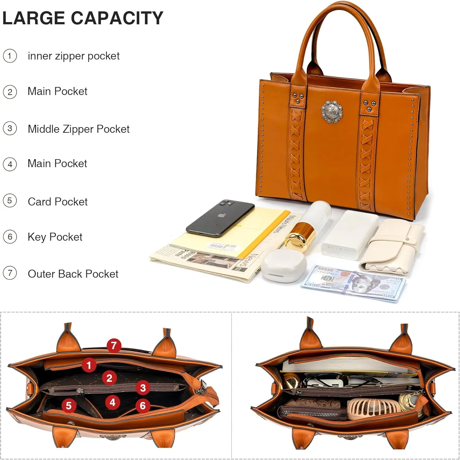 Tote Bag for Women Large Western Purse Ladies Top Handle Shoulder Handbags Vintage Embossed Concho Studs