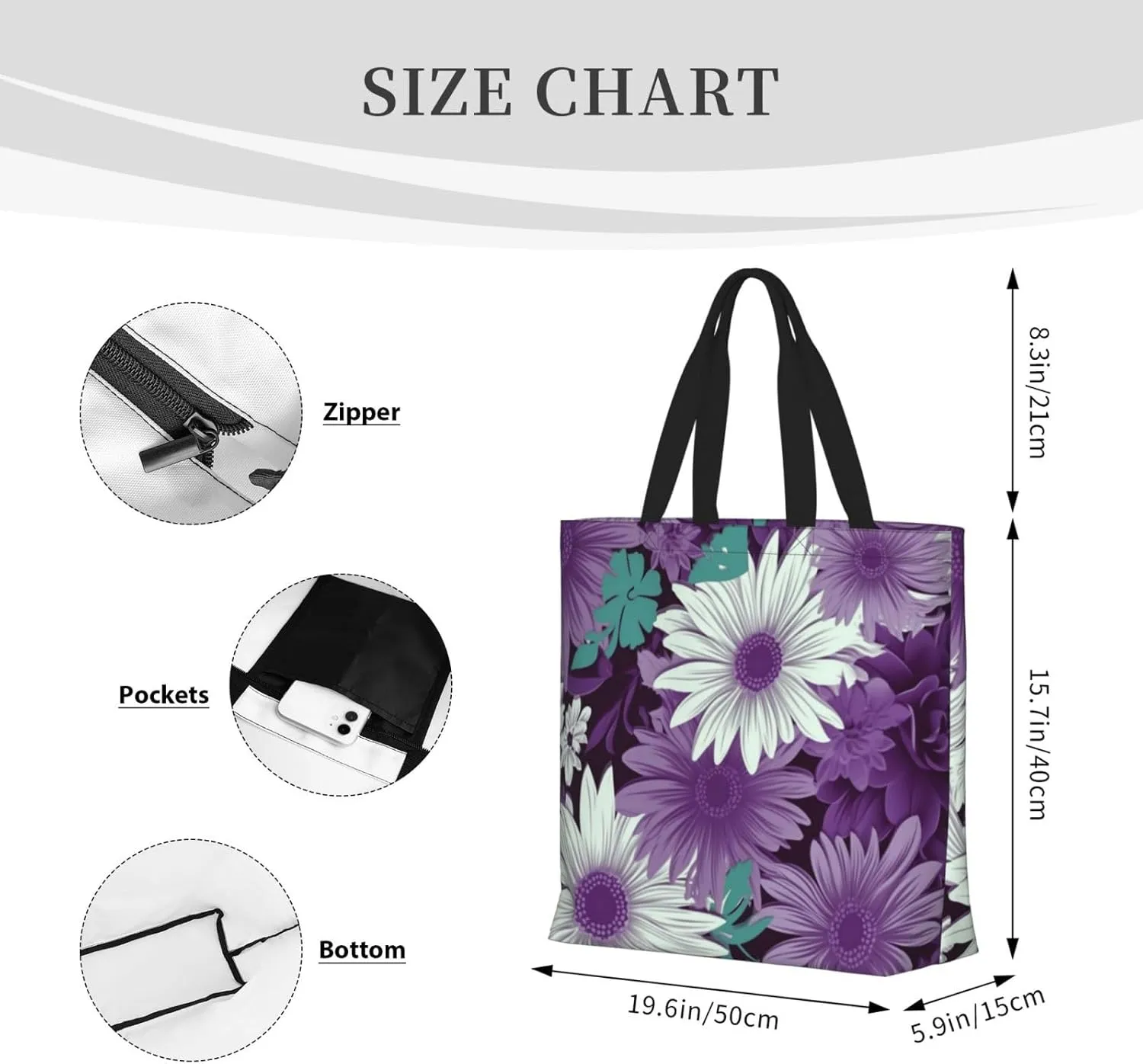 Tote Bag for Women Reusable Grocery Bags purple white Floral Tote Bag with Inner Pocket Travel Tote for Shopping