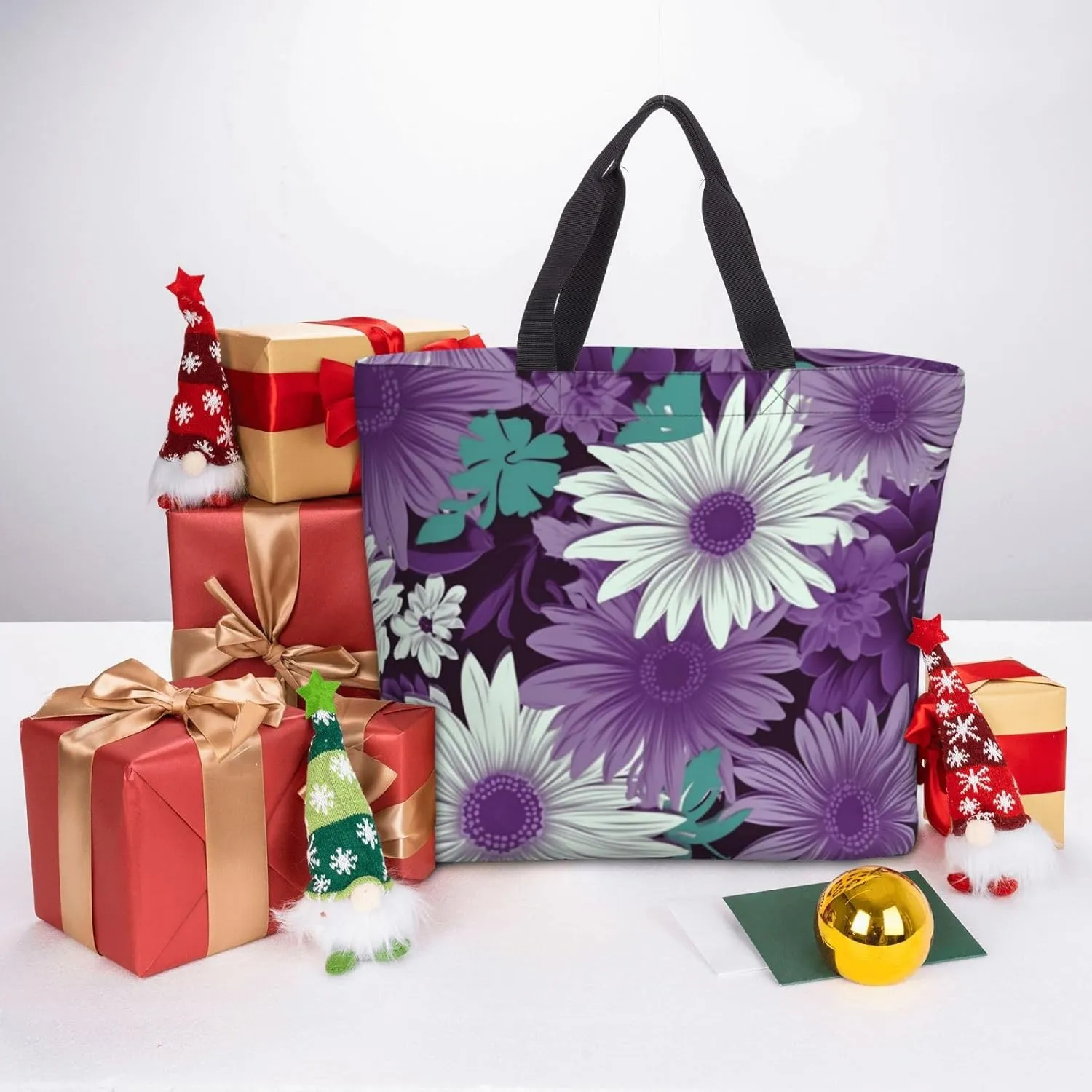 Tote Bag for Women Reusable Grocery Bags purple white Floral Tote Bag with Inner Pocket Travel Tote for Shopping