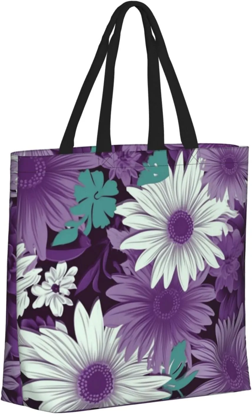Tote Bag for Women Reusable Grocery Bags purple white Floral Tote Bag with Inner Pocket Travel Tote for Shopping
