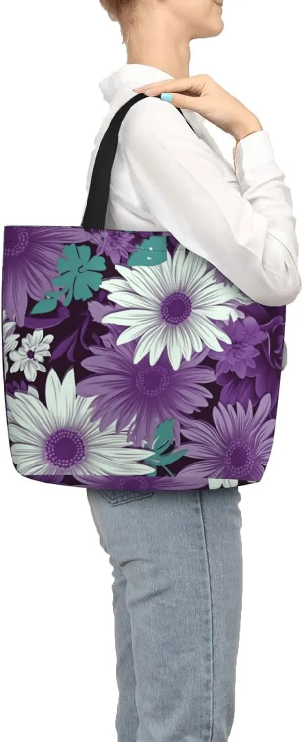 Tote Bag for Women Reusable Grocery Bags purple white Floral Tote Bag with Inner Pocket Travel Tote for Shopping