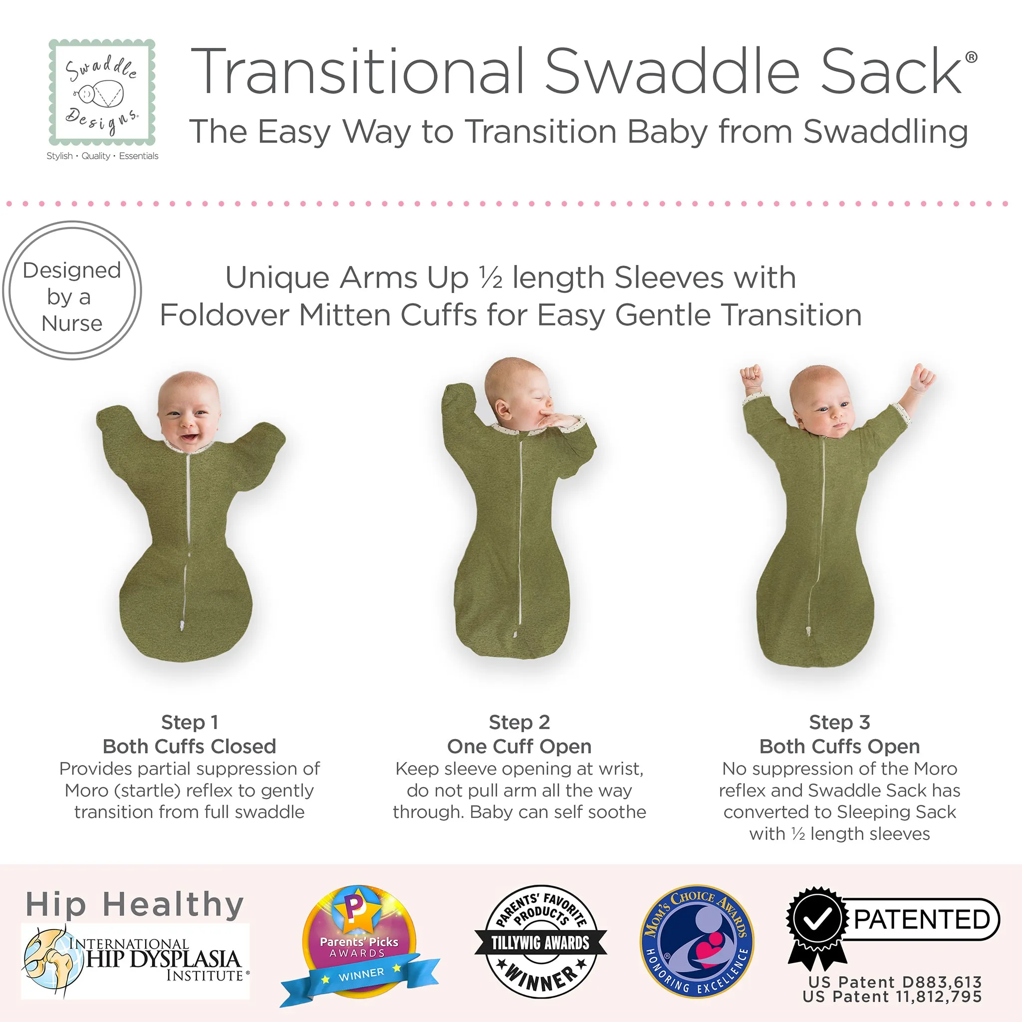 Transitional Swaddle Sack - Arms Up 1/2-Length Sleeves & Mitten Cuffs, Heathered Green Turtle with Polka Dot Trim