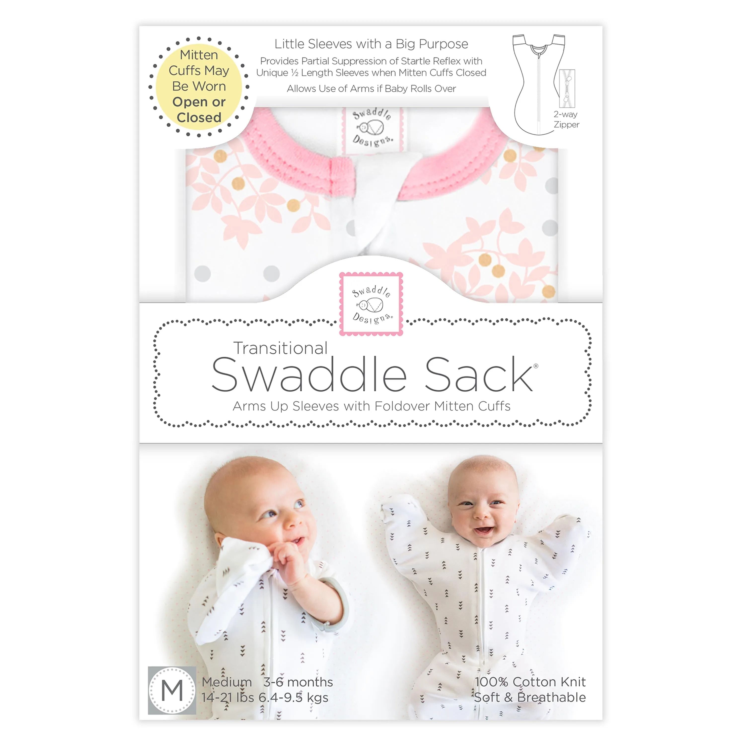 Transitional Swaddle Sack  - Arms Up 1/2-Length Sleeves & Mitten Cuffs, Heavenly Floral, Pink with Touch of Gold Shimmer