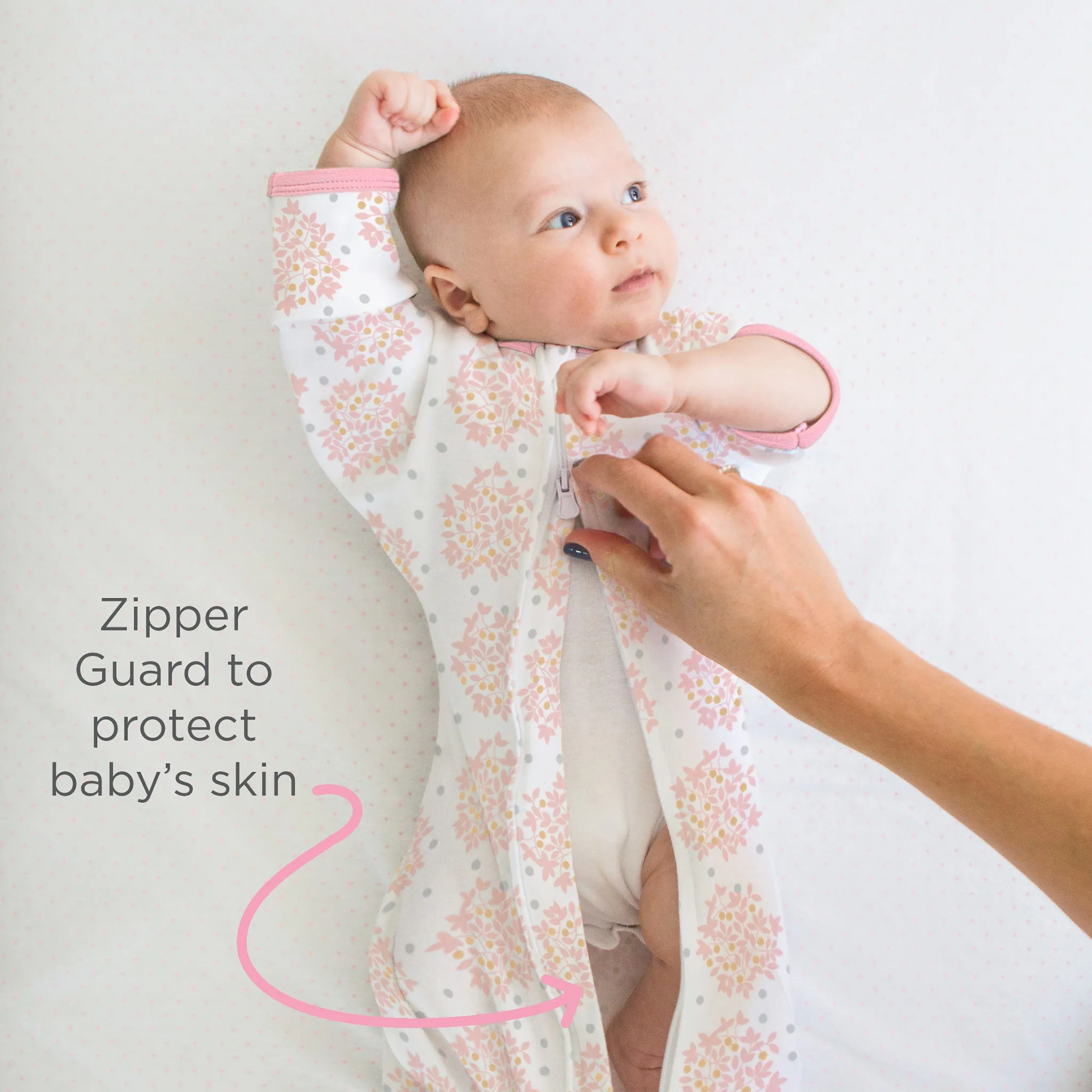 Transitional Swaddle Sack  - Arms Up 1/2-Length Sleeves & Mitten Cuffs, Heavenly Floral, Pink with Touch of Gold Shimmer