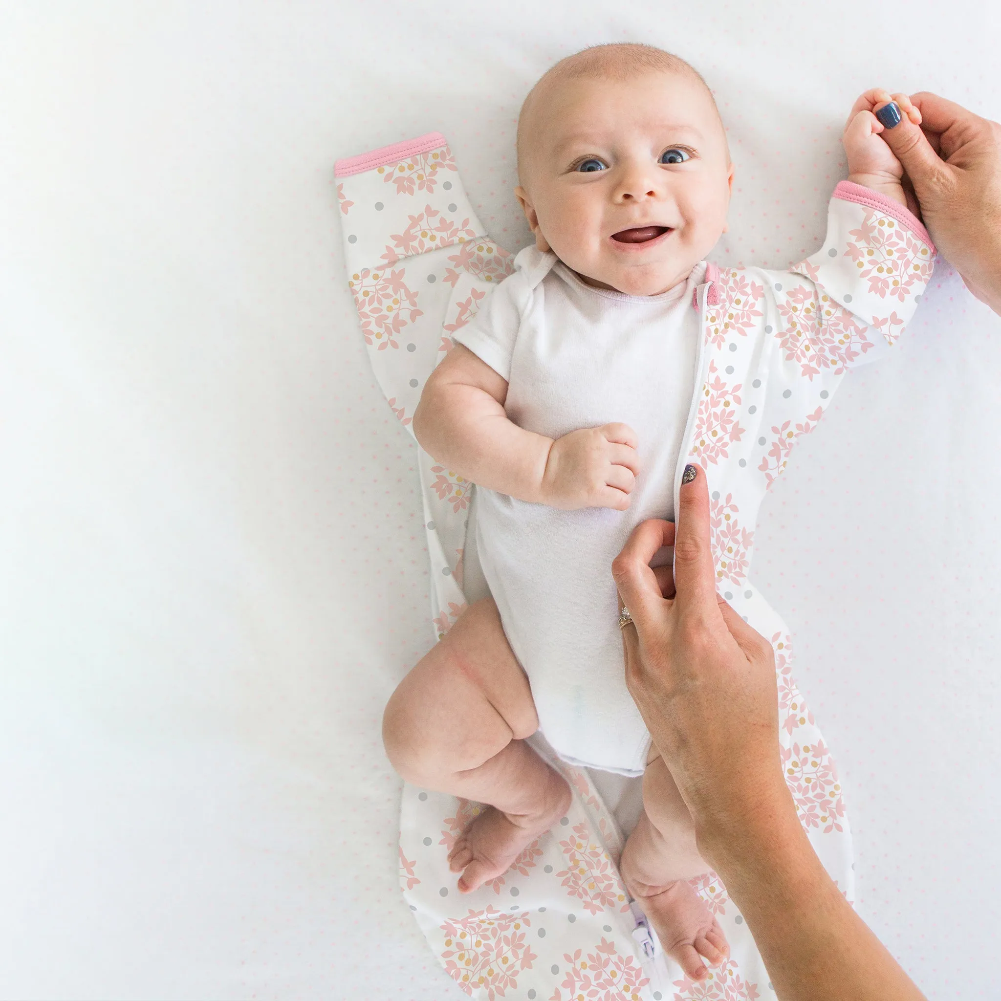 Transitional Swaddle Sack  - Arms Up 1/2-Length Sleeves & Mitten Cuffs, Heavenly Floral, Pink with Touch of Gold Shimmer