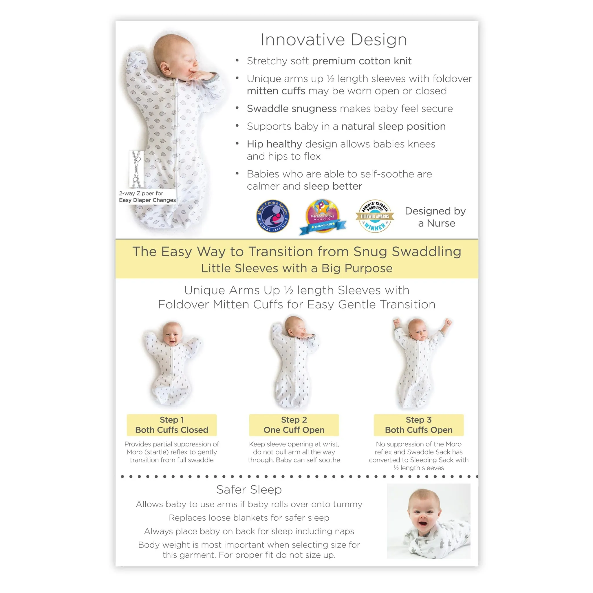 Transitional Swaddle Sack  - Arms Up 1/2-Length Sleeves & Mitten Cuffs, Heavenly Floral, Pink with Touch of Gold Shimmer