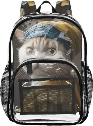 Travel Clear Backpack Floral Cute Cat with Pearl Earrings Kids Girls Backpack Boys Plastic See through Bookbag