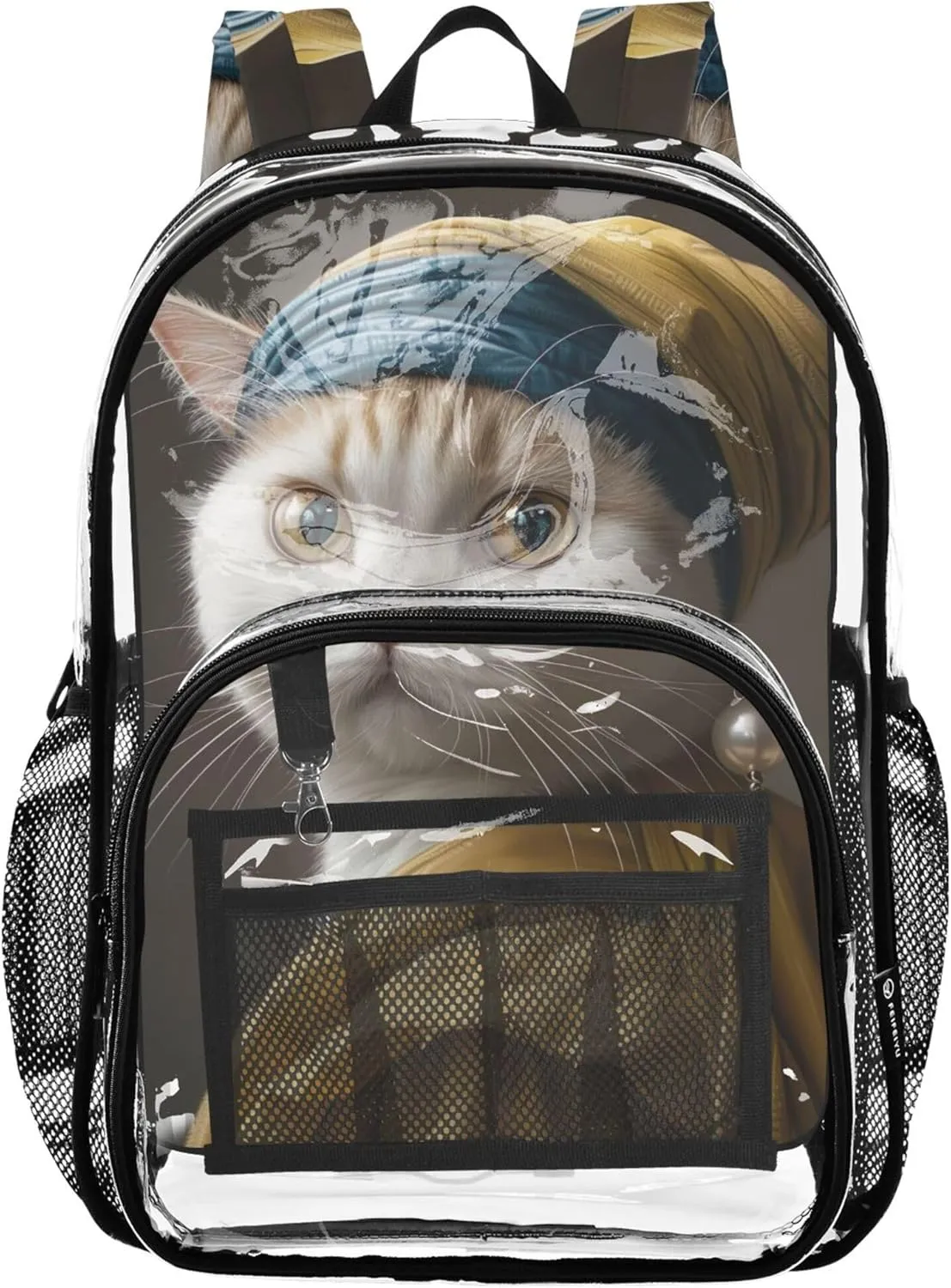 Travel Clear Backpack Floral Cute Cat with Pearl Earrings Kids Girls Backpack Boys Plastic See through Bookbag