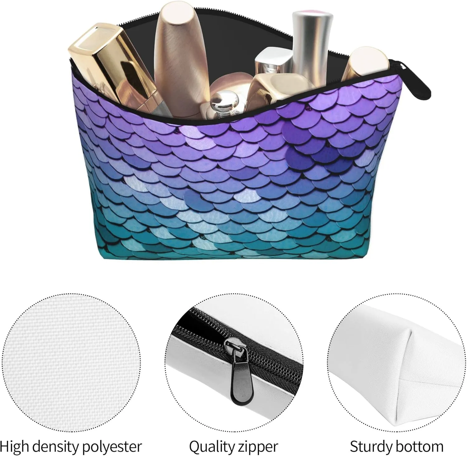 Travel Makeup Bag purple turquoise Sparkling Mermaid Scales pattern Cosmetic Bag Small Pouch Gift For Women