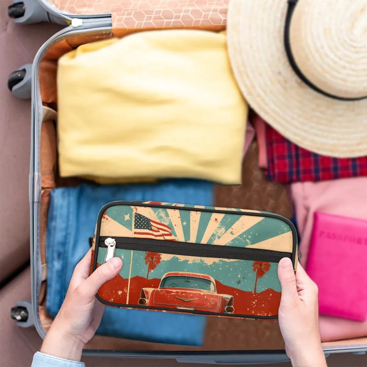 Travel Toiletry Bag for Women Men Car Star Stripe Hanging Cosmetic Bag Waterproof Makeup Bag for Shaving Makeup Toothbrush & Travel Essentials