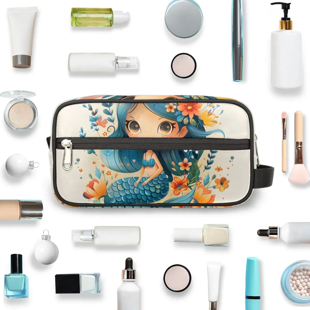 Travel Toiletry Bag for Women Men Floral Mermaid Hanging Cosmetic Bag Waterproof Makeup Bag for Shaving Makeup Toothbrush & Travel Essentials