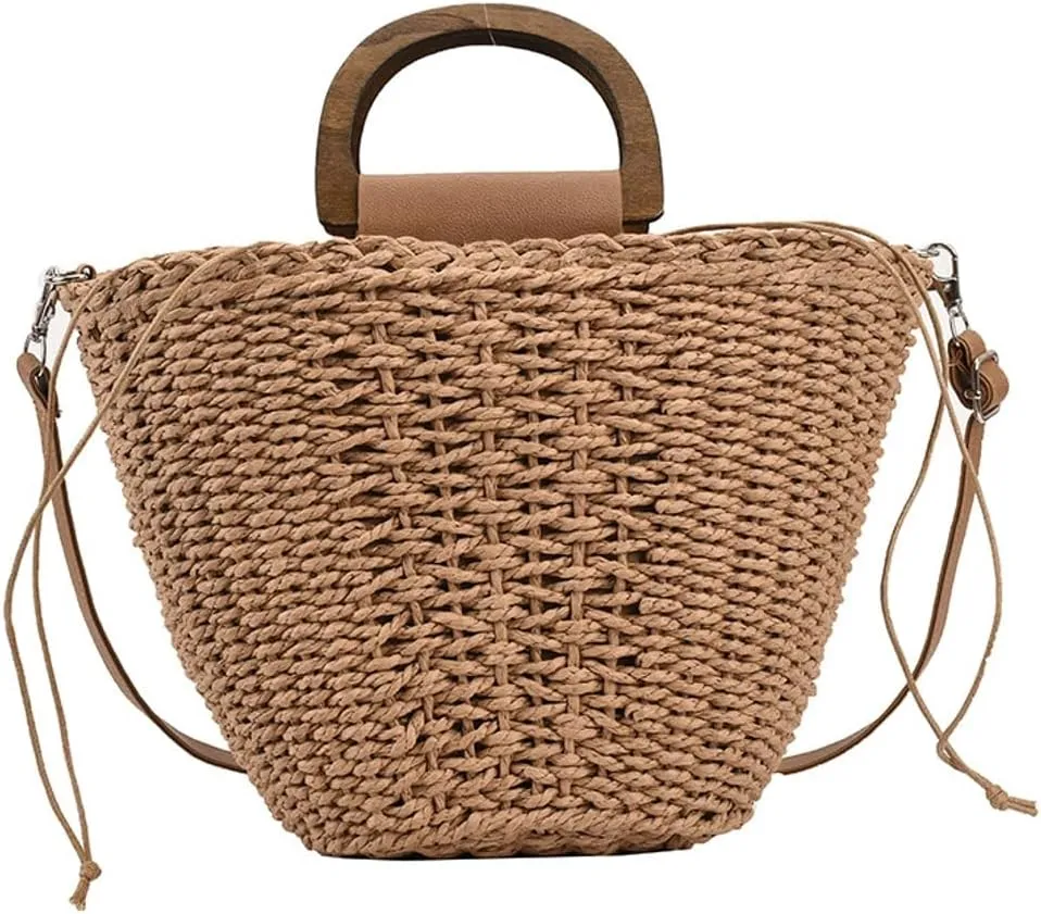 Trendy Womens Straw Clutch Bag Casual Summer Beach Bags For Women Rattan Bucket Purses Wicker Tote Handbags Travel Purse