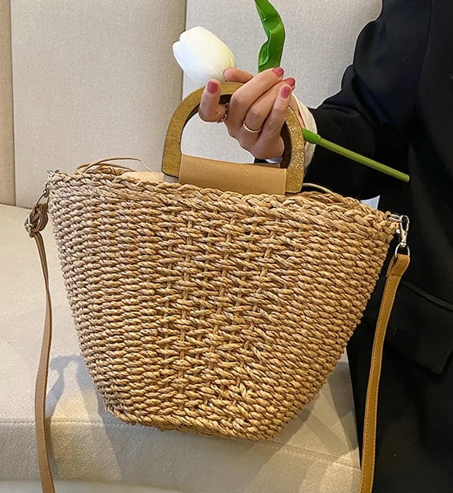 Trendy Womens Straw Clutch Bag Casual Summer Beach Bags For Women Rattan Bucket Purses Wicker Tote Handbags Travel Purse