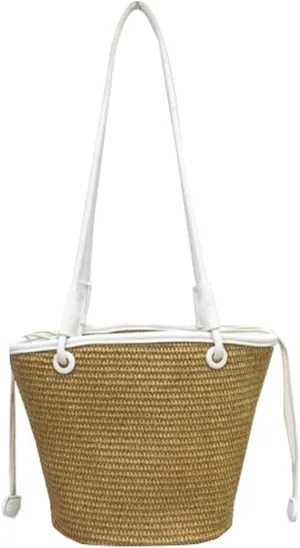 Trendy Womens Straw Shoulder Bag Casual Summer Beach Bags For Women Rattan Bucket Purses Straw Tote Handbags Travel Purse