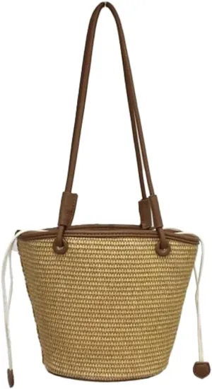 Trendy Womens Straw Shoulder Bag Casual Summer Beach Bags For Women Rattan Bucket Purses Straw Tote Handbags Travel Purse