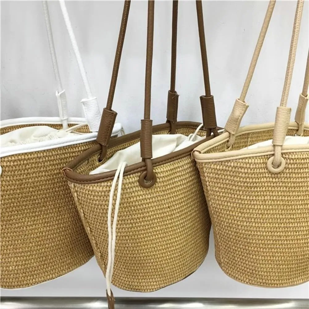 Trendy Womens Straw Shoulder Bag Casual Summer Beach Bags For Women Rattan Bucket Purses Straw Tote Handbags Travel Purse