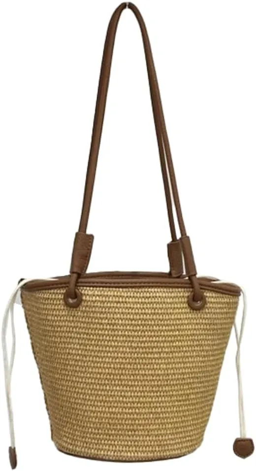 Trendy Womens Straw Shoulder Bag Casual Summer Beach Bags For Women Rattan Bucket Purses Straw Tote Handbags Travel Purse