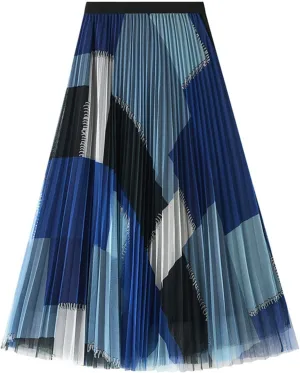 tuduoms Color Block Tulle Pleated Skirts Women's High Waist A-line Mesh Flowy Midi Skirt Wedding Party Boho Long Maxi Skirts
