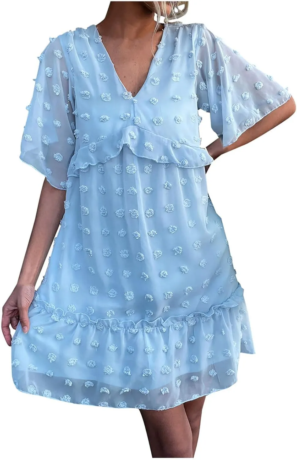 tuduoms Swiss Dot Dress Womens Summer Flowy Chiffon Shift Babydoll Dress V Neck Beach Casual Loose Ruffle Short Mini Dresses
