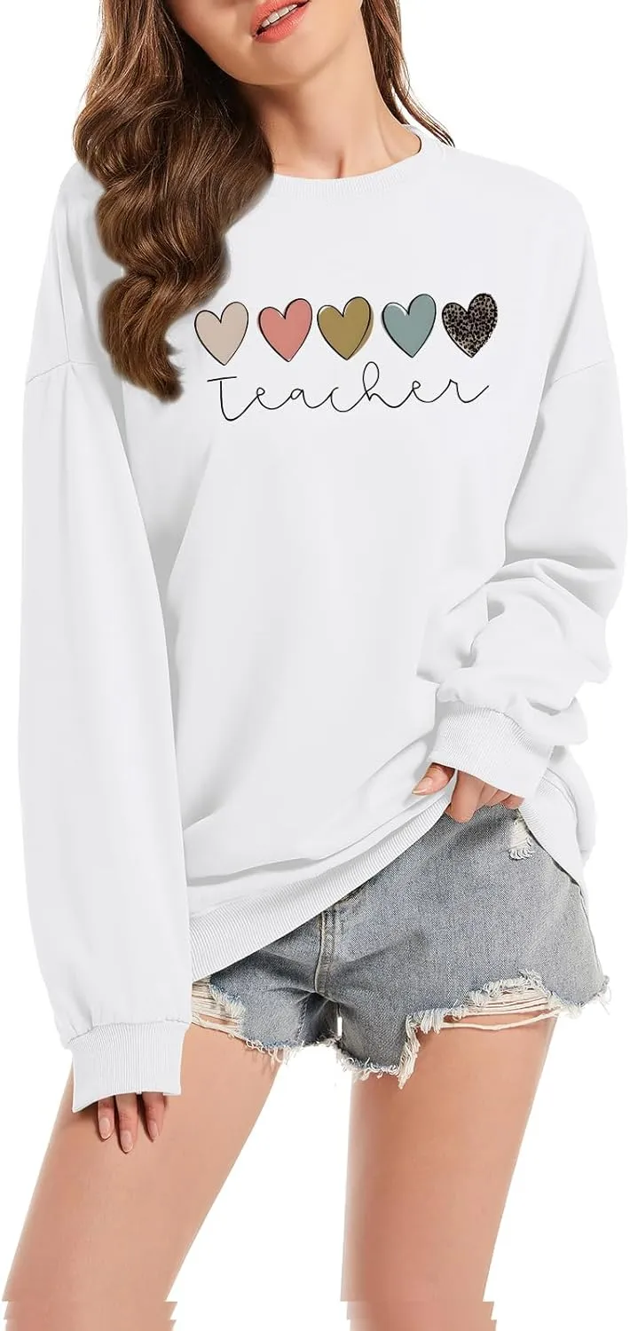 Tuislay Teacher Sweatshirts for Women Cute Heart Graphic Oversized Preppy Hoodie Casual Baggy Inspirational Pullovers Tops