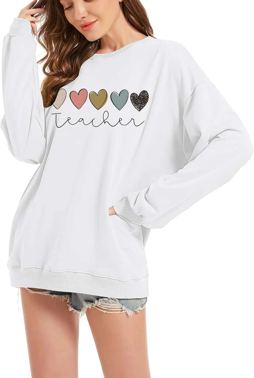 Tuislay Teacher Sweatshirts for Women Cute Heart Graphic Oversized Preppy Hoodie Casual Baggy Inspirational Pullovers Tops