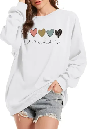 Tuislay Teacher Sweatshirts for Women Cute Heart Graphic Oversized Preppy Hoodie Casual Baggy Inspirational Pullovers Tops