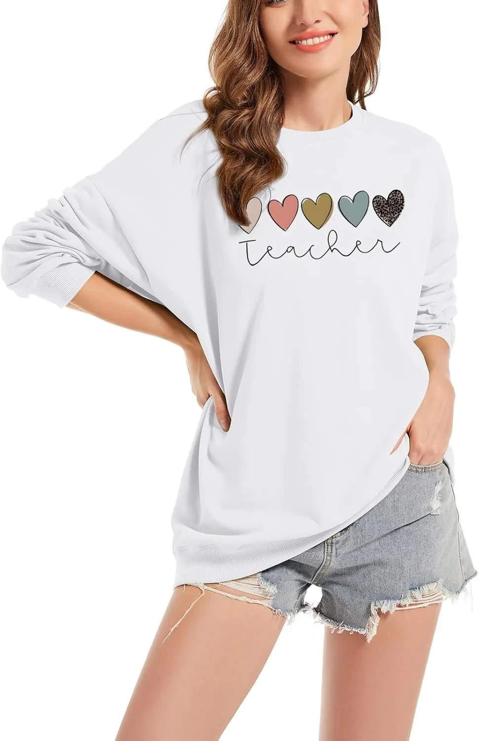 Tuislay Teacher Sweatshirts for Women Cute Heart Graphic Oversized Preppy Hoodie Casual Baggy Inspirational Pullovers Tops