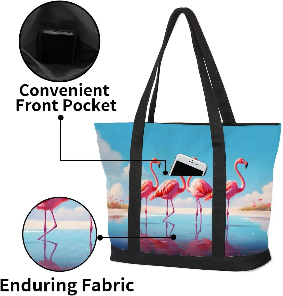 Types of Birds Stylish Canvas Tote Bag with an External Pocket Top Zipper Closure Tote Bag for Women