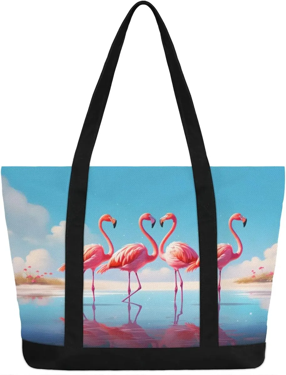 Types of Birds Stylish Canvas Tote Bag with an External Pocket Top Zipper Closure Tote Bag for Women