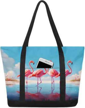 Types of Birds Stylish Canvas Tote Bag with an External Pocket Top Zipper Closure Tote Bag for Women